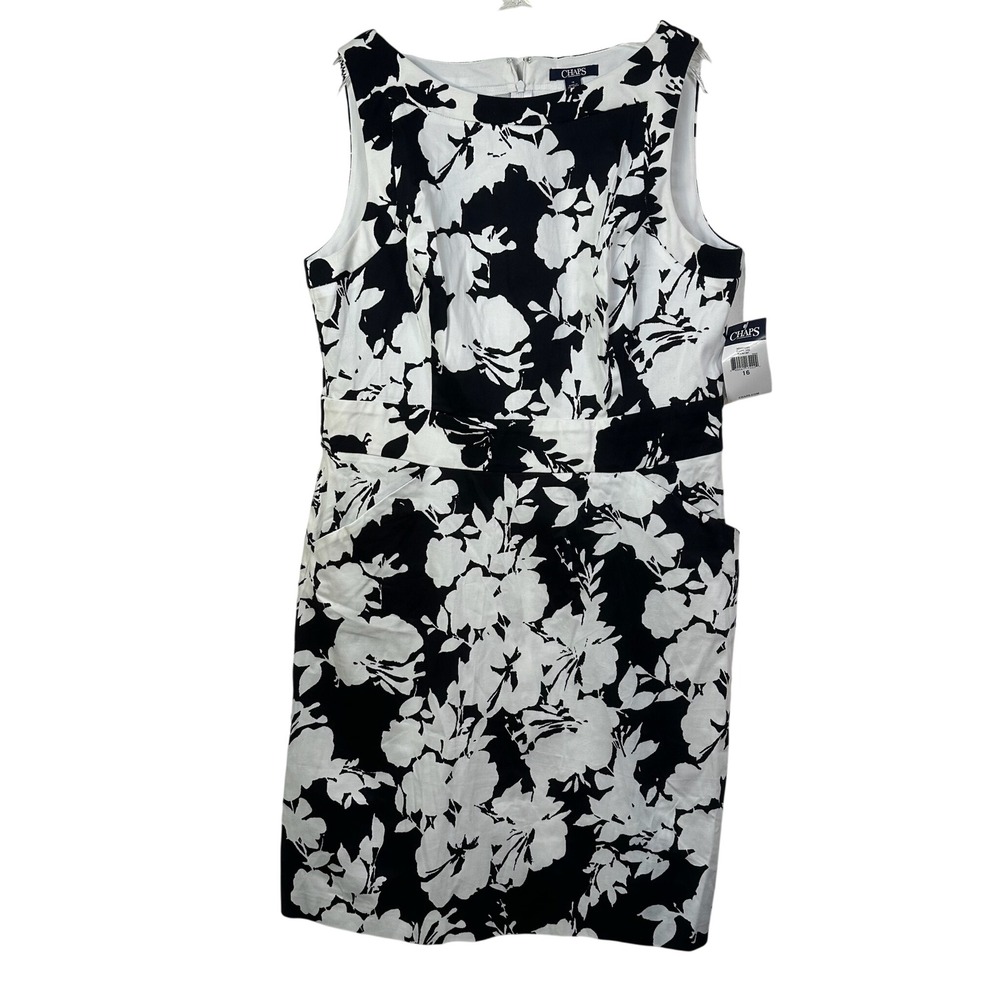 Chaps Womens Black White Floral Sleeveless Sheath Dress Pockets Size 16 NEW